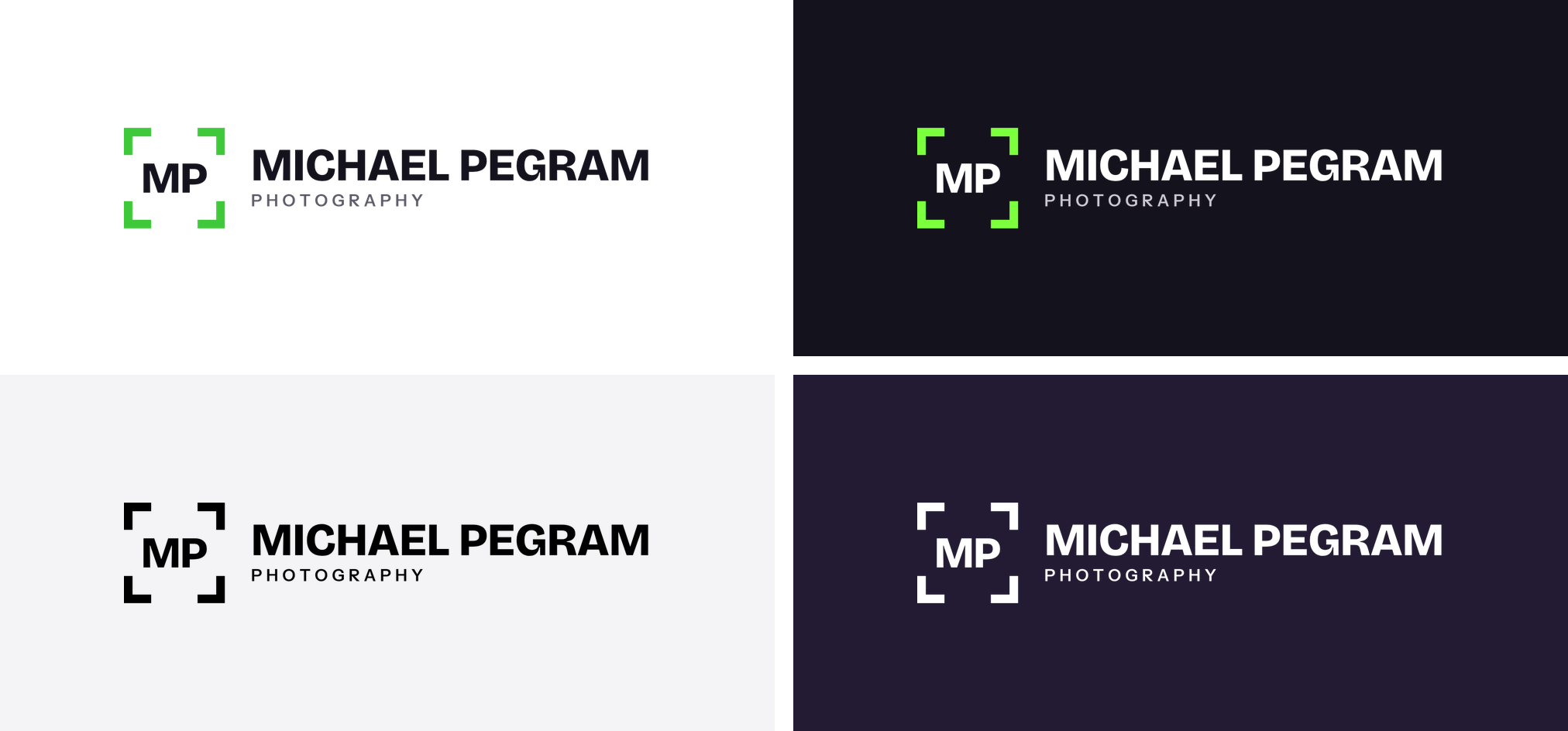The Michael Pegram Photography logo in four versions: color on white, reverse on Ink, black, and white