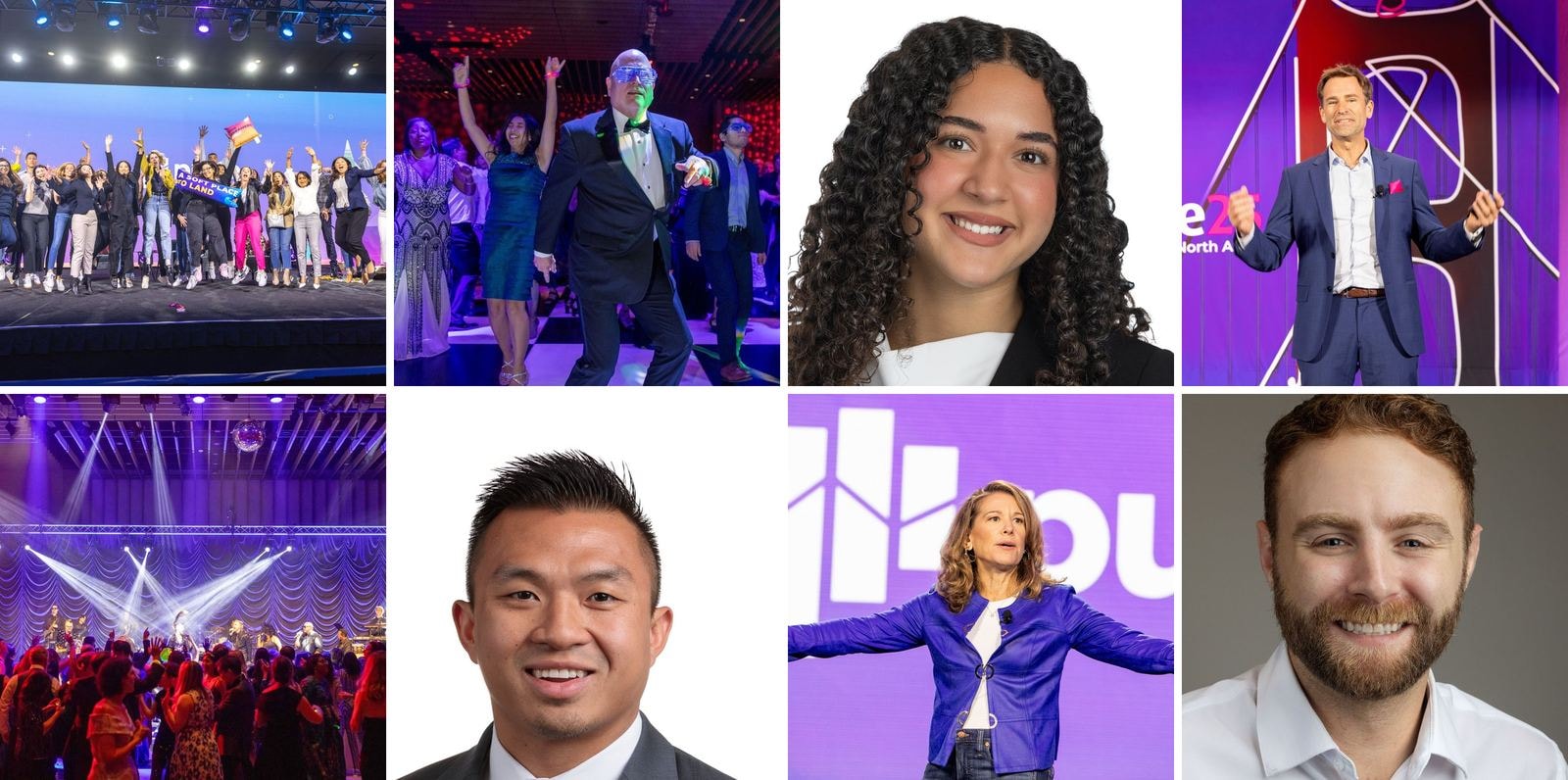 Eight photos: guests jumping, dancing and laughing at corporate events, speakers on stage, and three studio headshots