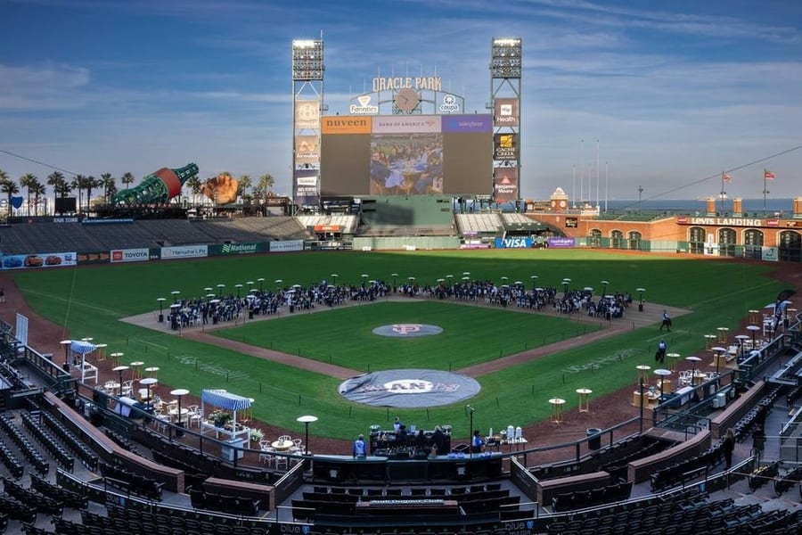 Corporate event on the field at Oracle Park in San Francisco, viewed from the upper deck — corporate event photography by Michael Pegram