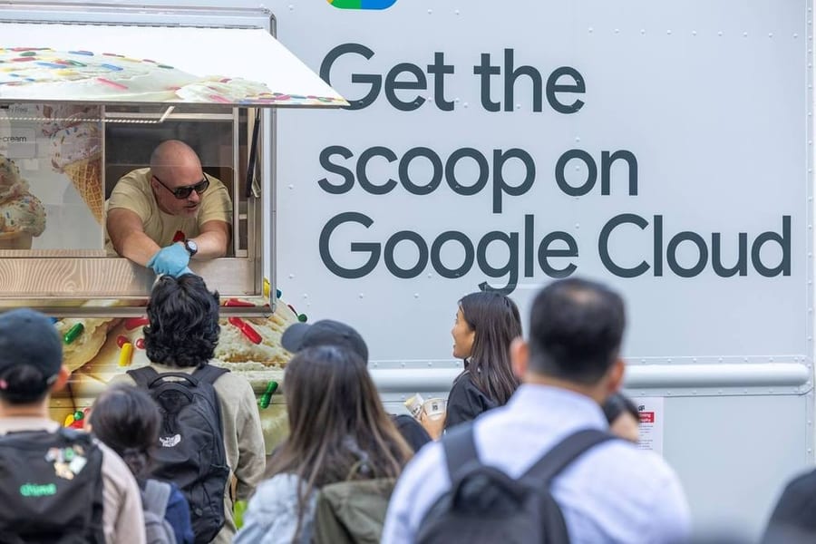 Attendees lining up at the Google Cloud ice cream truck brand activation in San Francisco — corporate event photography by Michael Pegram